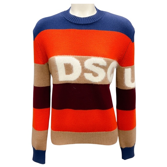 DSQUARED2 ORANGE MULTI 2020 LOGO WOOL KNIT SWEATER - Picture 1 of 5